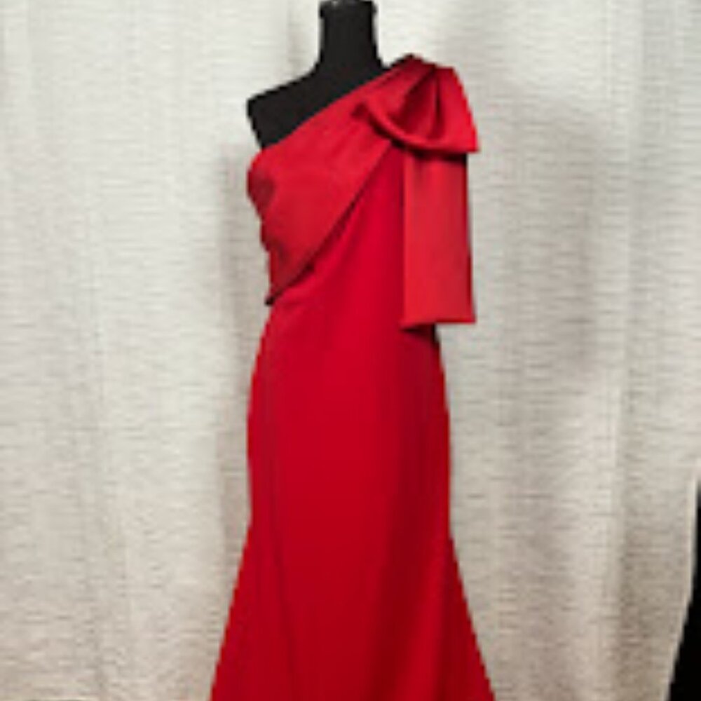 Betsy Adam Red "Carmela" Long Scuba Crepe Dress with Satin Bow